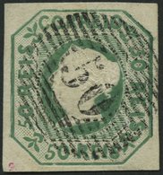 PORTUGAL 3b O, 1853, 50 R. Blaugrün, Zentrischer Nummernstempel 50, Leichte Bugspur Sonst Pracht, Gepr. U.a. Grobe, Mi.  - Usati