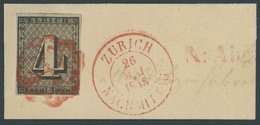 ZÜRICH 1I BrfStk, 1843, 4 Rp. Schwarz/dunkelbräunlichrot, Linienunterdruck Senkrecht, Type I, Mit Roter Rosette Auf Groß - 1843-1852 Correos Federales Y Cantonales