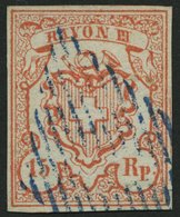 SCHWEIZ BUNDESPOST 10 O, 1852, 15 Rp. Kleine Ziffer, Type 4, Blaue Raute, Leichte Waagerechte Bugspur Sonst Pracht, Mi.  - 1843-1852 Poste Federali E Cantonali