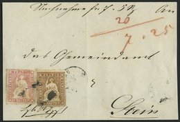 SCHWEIZ BUNDESPOST 13,15IIAym BrfStk, 1855, 5 Rp. Graubraun (vollrandig, Oberrandstück) Mit 15 Rp. Rosa (dreiseitig Voll - 1843-1852 Poste Federali E Cantonali