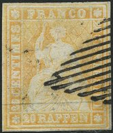 SCHWEIZ BUNDESPOST 16IIAym O, 1854, 20 Rp. Gelborange, Berner Druck I, (Zst. 25Bc), Allseits Breitrandig, Kleine Helle S - 1843-1852 Federal & Cantonal Stamps