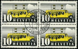 SCHWEIZ BUNDESPOST 311y VB O, 1937, 10 C. Postbus, Blaue Und Rote Fasern, Im Zentrisch Gestempelten Viererblock, Pracht - 1843-1852 Correos Federales Y Cantonales