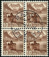 SCHWEIZ BUNDESPOST 363z VB O, 1940, 10 C. Dunkelrötlichbraun, Geriffelter Gummi, Im Zentrisch Gestempelten Viererblock,  - 1843-1852 Kantonalmarken Und Bundesmarken