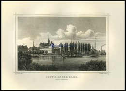 COSWIG AN DER ELBE: Die Anhalt-Bernburg Mit Schiffen Im Vordergrund, Stahlstich Von Pozzi/Oeder Um 1850 - Litografia