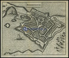 RENDSBURG, Dek. Stadtplan Mit Kleiner Schiffsstaffage, Kupferstich Von Zeiller 1655 - Lithographies