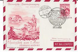 AUTRICHE - BALLONPOST PRO JUVENTUTE - 1951 - CARTE ENTIER POSTAL Par BALLON De VILLACH - Ballons