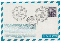 AUTRICHE - BALLONPOST PRO JUVENTUTE - 1958 - CARTE ILLUSTREE (VOIR DOS) Par BALLON De WIEN - Balloon Covers