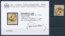 O 1850 1kr HP I Narancs ,,PEST(H)' Certificate: Ferchenbauer - Other & Unclassified