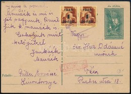 1945 (2. Díjszabás) Távolsági Levelezőlap 2 X 1P/20f Bérmentesítéssel, Lila Gumibélyegzéssel 'CENZÚRÁZVA' - Other & Unclassified