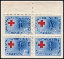 O 1957 Postáskórház 3Ft ívszéli Négyestömb, Benne ,,piros Folt Az A Betűben' Tévnyomat - Autres & Non Classés