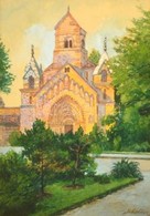 Scholler Rezső (1882-?): Jáki Templom. Akvarell, Papír, üvegezett Keretben, 27×18 Cm - Altri & Non Classificati