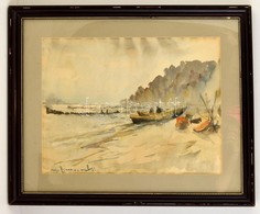 Olvashatatlan Jelzéssel: Csónakok A Parton. Akvarell, Papír, üvegezett Keretben, 43×55 Cm - Otros & Sin Clasificación