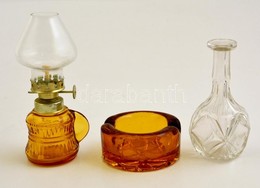 Vegyes üvegtétel, 3 Db, Hamutartó, Illatszeres üvegcse, Mini Olajlámpás, Az Egyik Címkével Jelzett, Változó állapotban,  - Glass & Crystal