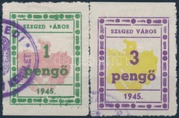 1945 Szeged Városi Illetékbélyeg 1P + 3P 1-1 Oldalon Fogazatlan, Az 1P 1'-es' értékszáma Talpas (13.650) - Unclassified