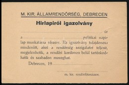 Cca 1940 Debrecen, M. Kir. Államrendőrség, Kitöltetlen Hírlapírói Igazolvány - Unclassified