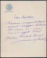 1929 Jeszenszky Sándor (1873-1947) Politikus Köszönőlevele Pekár Mihály (1871-1942) Orvos Részére, 'M. Kir. Vallás- és K - Unclassified