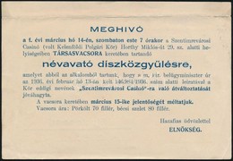 1936 Meghívó, Szentimrevárosi Casinó Névavató Díszközgyűlésére, 10,5x15,5 Cm - Non Classés