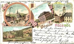 T4 1899 Pécs, Széchenyi Tér, Baranya Megyei árvaház, Fő Utca, Tettye és Várrom, Floral, Litho (vágott / Cut) - Unclassified