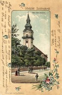 T2/T3 Szolnok, Római Katolikus Templom, Utcakép. Fuchs Lipót és Fia Floral Art Nouveau Emb. Litho (apró Szakadás / Tiny  - Unclassified