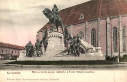 ** T2/T3 Kolozsvár, Cluj; Mátáys Király Szobor, Szent Mihály Templom, Neumann M. üzlete / Statue, Church, Shop (fa) - Non Classificati