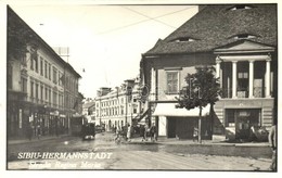 T2 1939 Nagyszeben, Hermannstadt, Sibiu; Mária Királyné út, Transsylvania Szálló, Villamos, Bank, üzletek / Street View  - Unclassified
