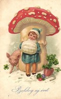T2 Boldog Új Évet / New Year Greeting Art Postcard With Girl And Mushroom. Amag No. 2618. Litho - Non Classés