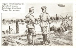 T2/T3 Magyar, Német édes Testvér. / WWI K.u.K. Military Viribus Unitis Art Postcard, Zeppelin Airship S: Bortnyik Sándor - Non Classés