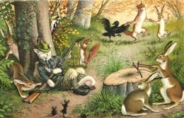 T2/T3 Cat Hunter With Rabbits, Fox And Squirrel. Max Künzli No. 4729. - Modern Postcard  (fa) - Ohne Zuordnung