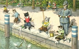 * T3/T4 Cats Fishing With Gendarme Cat. Max Künzli No. 4742. - Modern Postcard  (Rb) - Non Classés