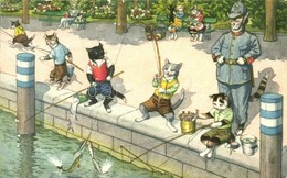 * T3/T4 Cats Fishing With Gendarme Cat. Max Künzli No. 4742. - Modern Postcard  (Rb) - Ohne Zuordnung