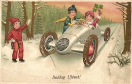 T2/T3 Boldog Új Évet / New Year Greeting Art Postcard With Children In Automobile. B. Co. B. 4964/2. Litho - Zonder Classificatie