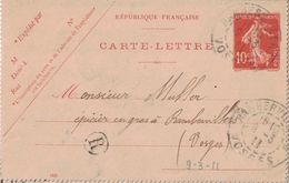 VOSGES - RAMBERVILLER - BOITE RURALE R DE XAFFEVILLERS - LE 9-9-1911 - CARTE LETTRE SEMEUSE (P1) - 1877-1920: Semi Modern Period