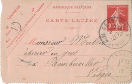 MEURTHE ET MOSELLE - GERBEVILLER - BOITE RURALE E DE MATTEXEY - LE 2-12-1910 - CARTE LETTRE SEMEUSE (P1) - 1877-1920: Semi Modern Period