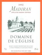 étiquette Vin De Madiran Domaine De L'église 1992 André Beheity à Aydie - 75 Cl - Madiran