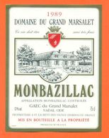 étiquette De Vin De Monbazillac Domaine Du Grand Marsalet 1989 Nadal Ode à Saint Laurent Des Vignes - 75 Cl - Monbazillac