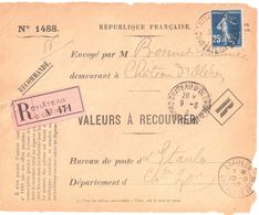 4394 CHÂTEAU D'OLERON Charentes Inf Valeur à Recouvrer 1488 Yv 140 Semeuse 25c Bleu Ob 9 8 1913 Rrecommandé - Lettres & Documents