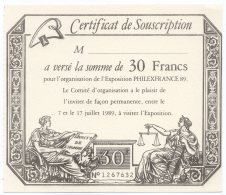 1989 - Certificat De Souscription Pour L'organisation De L'exposition PHILEXFRANCE 89 Paris - Exposiciones Filatelicas