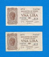 Lotto Di N. 2 Biglietti Di Stato Da 1 Lira  Cad. -  ITALIA  LAUREATA -  D.M. 23.11.1944 -  Numero Di Serie Consecutiva. - Italië – 1 Lira