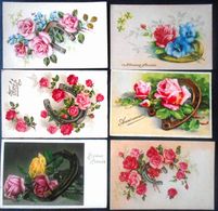 Cp Lot 6x Litho Illustrateur Bouquet Fleur Rose Roses Theme Porte Bonheur Dans Fer A Cheval - Verzamelingen & Kavels