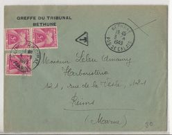 Lettre (1949) Du Tribunal De Béthune à Reims - Non Affranchie Et Taxée à 15 Frs - 1859-1959 Covers & Documents