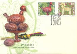 POLAND FDC 2007 EASTER STRAW LAMB HAND PAINTED EASTER EGG CHICKEN BASKET OF EGGS CANCEL FOLK ART PALM CULTURES TRADITION - Easter