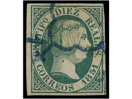 117 ° ESPAÑA. Ed.11. <B>10 Reales</B> Verde, Mat. <B>ARAÑA AZUL.</B> MAGNÍFICO EJEMPLAR. Cert. GRAUS Y CEM. Cat. 2.720€. - Otros & Sin Clasificación