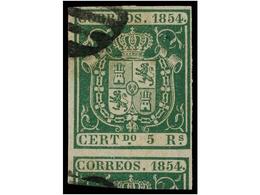 143 ° ESPAÑA. Ed.26. <B>5 Reales</B> Verde. Espectacular Ejemplar Con Parte De Otro Sello. MAGNÍFICO. Cat. 150€. - Otros & Sin Clasificación