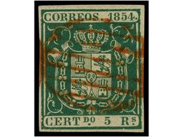 144 ° ESPAÑA. Ed.26. <B>5 Reales</B> Verde, Mat.<B>PARRILLA ROJA.</B> PIEZA DE LUJO. Cert. CEM Y COMEX. Cat. 685€. - Otros & Sin Clasificación