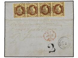 208 ESPAÑA. Ed.61(4). 1863. RAMALES (Santander) A ZACATECAS (México). <B>1 Real</B> Castaño S. Amarillo Tira De Cuatro ( - Autres & Non Classés