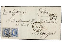 219 ESPAÑA. Ed.68 (2). 1864. BARCELONA A AREQUIPA (Perú). <B>2 Reales</B> Azul (2). Circulada Por El Correo Británico Vi - Sonstige & Ohne Zuordnung