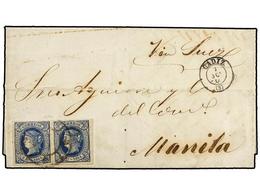 220 ESPAÑA. Ed.68 (2). 1864. CÁDIZ A MANILA (Filipinas). <B>2 Reales</B> Azul Pareja, Circulada Vía Suez, Al Dorso Llega - Otros & Sin Clasificación