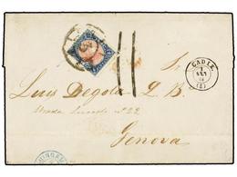 241 ESPAÑA. Ed.76. 1865. CÁDIZ A GENOVA. <B>12 Cuartos</B> Azul Y Rosa, Mat.<B> R.C. 3</B> De CÁDIZ. Franqueo Improceden - Other & Unclassified