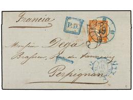 248 ESPAÑA. Ed.82. 1866. LA JUNQUERA A PERPIGNAN. <B>12 Cuartos</B> Naranja. Mat. <B>R.C. 61</B> En Azul De La Junquera. - Other & Unclassified