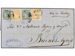 259 ESPAÑA. Ed.89 (2), 100 (2). 1869. BILBAO A BUENOS AIRES. <B>12 Cuartos </B>naranja (2) Y <B>200 Mils.</B> Verde (2), - Other & Unclassified